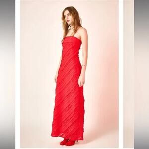 Endless Rose Strapless Ruffled Textured Maxi Dress Red Prom Formal Gown Small